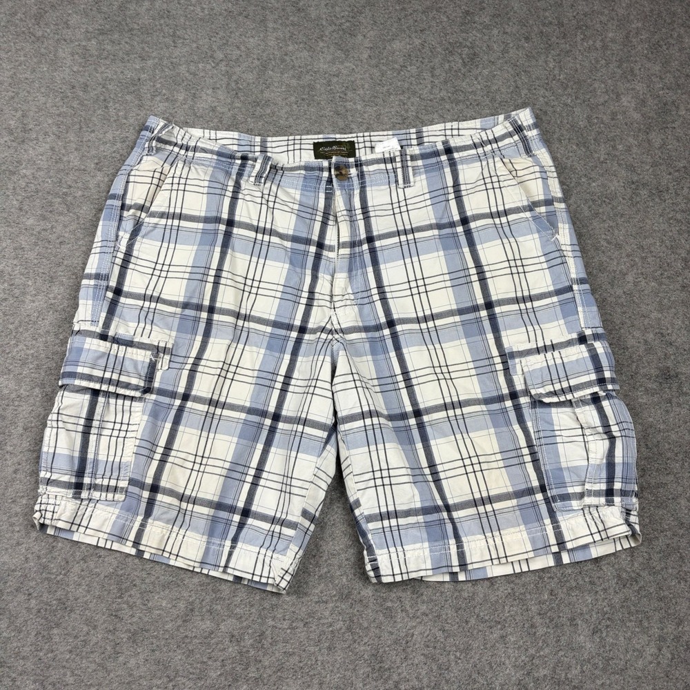Eddie Bauer Cargo Shorts Mens‎ 40 Blue White Plaid Cotton Outdoor Hiking Utility
